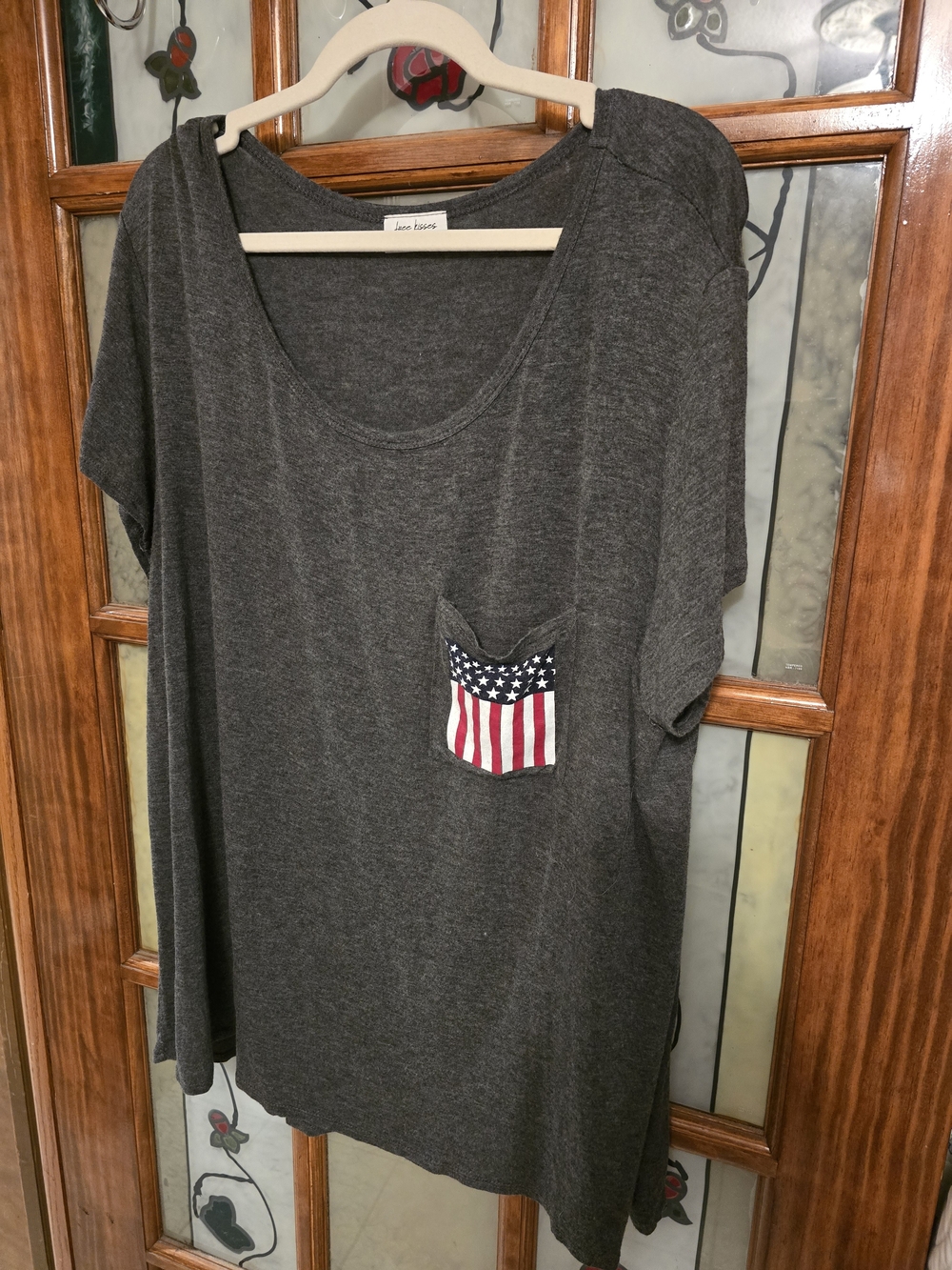 Free Kisses Charcoal Scoop Neck Tee with American Flag Pocket